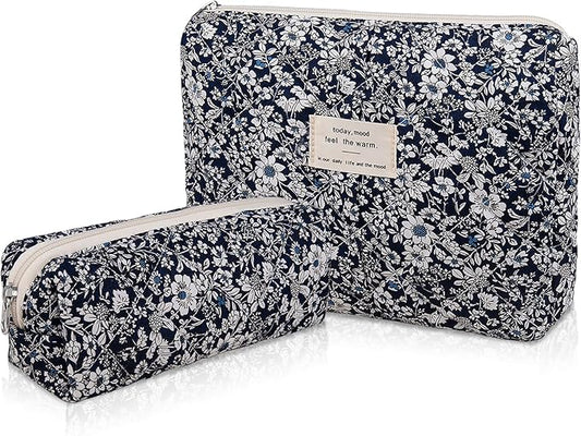 2PC Makeup Bag Set, Cute Cosmetic Bag for Women Girls, Floral Coquette Aesthetic Toiletry Bag, Travel Make Up Organizer Bag (Black Rose)