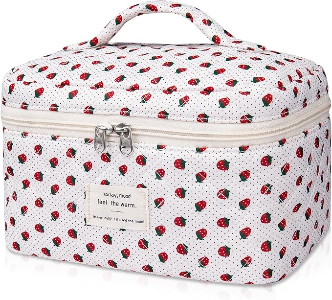 Large Makeup Bag, Cute Cosmetic Bag for Women Girls, Floral Coquette Aesthetic Toiletry Bag, Travel Make Up Organizer Bag (Strawberry)