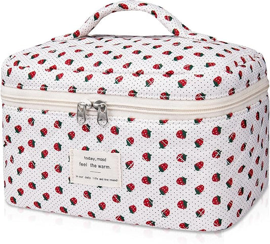 Large Makeup Bag, Cute Cosmetic Bag for Women Girls, Floral Coquette Aesthetic Toiletry Bag, Travel Make Up Organizer Bag (Strawberry)