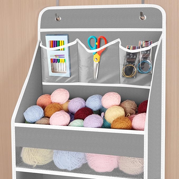 Univivi 6-Shelf Over Door Hanging Organizer Fabric Baby Door Storage with 5 Large Pockets and 3 Small PVC Pockets Wall Mount Hanging Storage Organizers for Baby Essential (Grey)