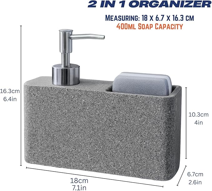 Havara Kitchen Soap Dispenser with Sponge Holder for Kitchen Sink, Hand Soap Pump & Sink Organizer, Granite Resin Non-Slip Countertop Caddy, Stone Gray