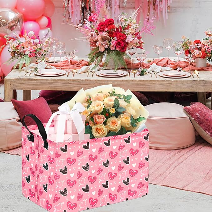 KUNRO Rectang Heart Valentine's Storage Basket Gift Shelf Basket Storage Bin, Nursery Basket Organizer Box for With Handles for Room Deco