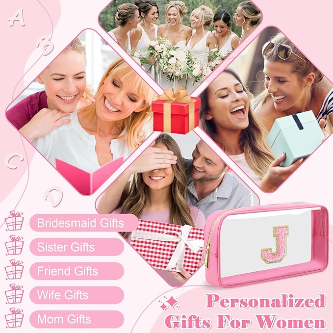 Personalized Initial Letter Clear Makeup Bag, Preppy Small Nylon & PVC Cosmetic Zipper Bag with Chenille Letter, Portable Beach Travel Skincare Toiletry Bag, Trendy Monogram Gift for Teen Girls Women, J