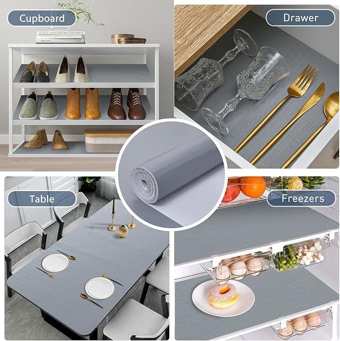 Drawer and Shelf Liner, Non-Slip Kitchen Cabinet Liners Non-Adhesive Thick Strong Grip Waterproof Washable Mats Protect Dresser Shelves Cupboard Bathroom Cabinets, Pure Gray, 24 in X 10 FT