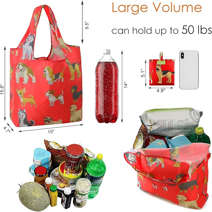 BeeGreen Cute Dog Cloth Gift Bags - Reusable Grocery Bag with Handles Foldable Washable 6 Pack - Extra Large Heavy Duty Tote Bag for Groceries (Bulk Holiday Packable Travel) - Shopping Bags for Women