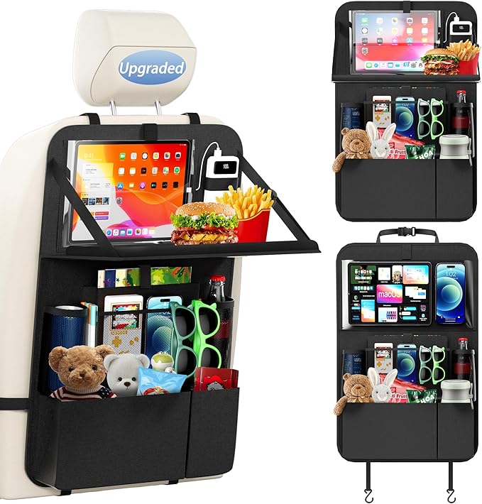 KaiCross Backseat Car Organizer with Upgraded Foldable Tray, Car Seat Organizer for Kids, Travel Accessories with 9 Storage Pockets, Car Seat Organizer Backseat with Touch Screen-1 Pack