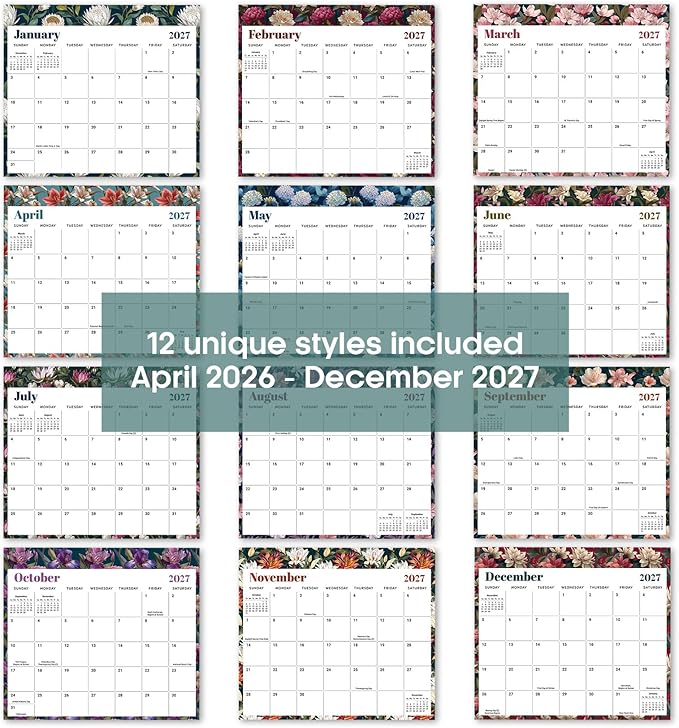 Aesthetic 2026-2027 Magnetic Calendar for Refrigerator, 21-Month Fridge Calendar Magnet from April 2026 to December 2027, Easy Organizing，Floral Luxe