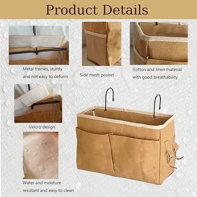 Bedside Caddy Bedside Hanging Storage Basket Multi-Function Organizer Caddy for Bunk and Hospital Beds Dorm Rooms Bed Rails, Can be Placed Glasses Books Mobile Phones（2pcs Dark khaki）
