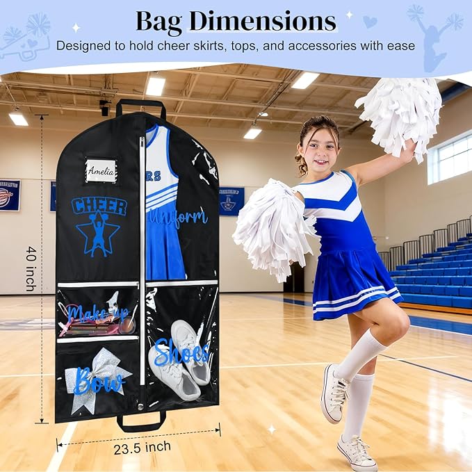 DEEKA Cheer Garment Bag for Hanging Clothes with Zipper Pockets Cheer Accessories Mom Essentials Uniform Costume 40 Inch Black Bags Stuff for Cheerleading Girls (Black,Blue-Cheer Star Logo)