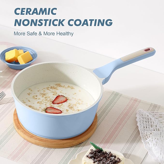 SENSARTE Ceramic Nonstick Saucepan with Lid 1.5 Quarts, Small Kitchen Cooking Pot with Stay Cool Handle, Induction Compatible, Ceramic Coating, Free of Intentionally Added PTFE/PFOA/PFAS, Blue
