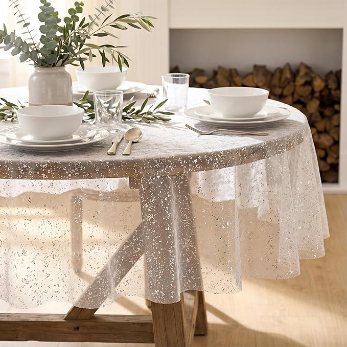 Horaldaily White Silver Gauze Tablecloth 60x60 Inch Round, Silver Sequin Glitter Metallic Foil, Sheer Tulle Cheesecloth for Wedding Baby Shower Ceremony Birthday
