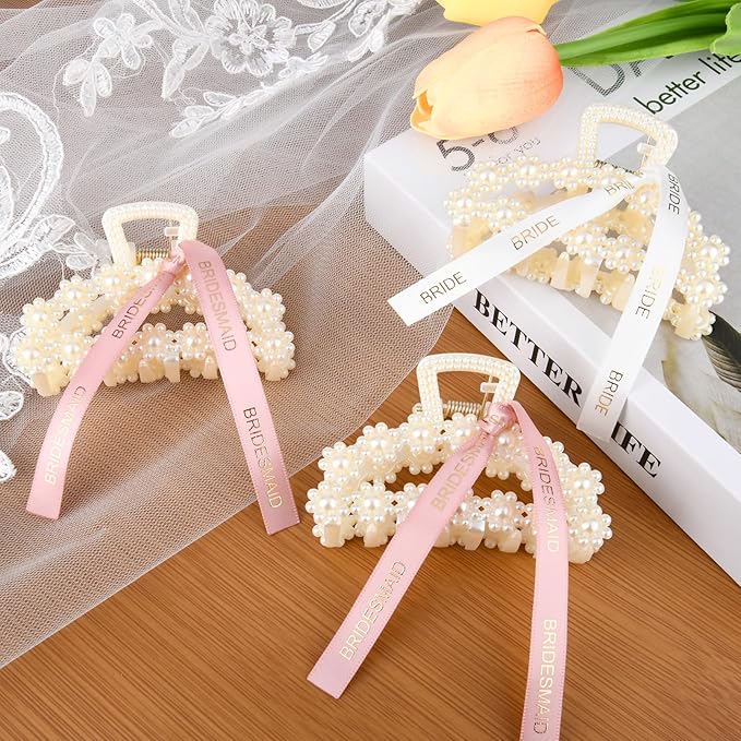 DEEKA Bridesmaid Proposal Gifts 8 Pack Pearl Bridesmaid Hair Claw Clips with Ribbon 3 Inch Hair Clips Bachelorette Party Favors Bridal Party Present Hair Accessories (Half Circle White&Rose Gold)