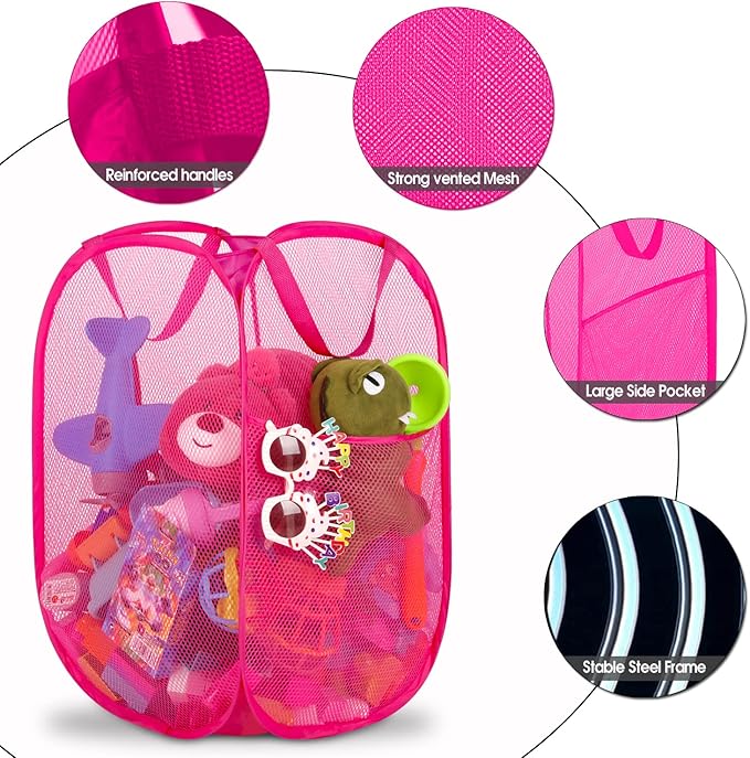 2 Pack Sturdy Mesh Pop up Laundry Hamper Basket with Side Pocket for Laundry Room, Bathroom, Kids Room, College Dorm or Travel Blush
