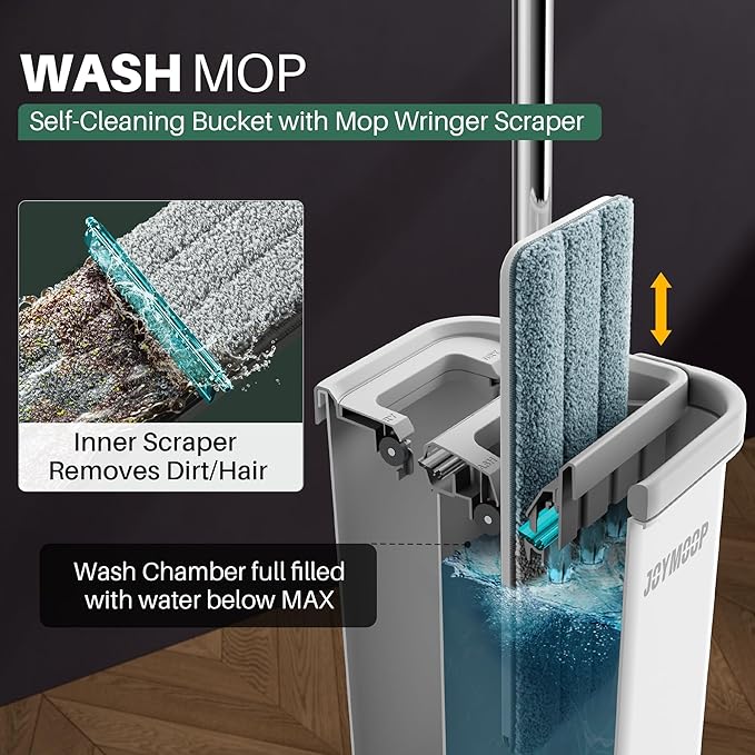 JOYMOOP Flat Mop and Bucket Set with Microfiber Pad, 12 Disposable Toilet Brushes with Stainless Steel Holder, Multi-Functional Cleaner for Household & Commercial Use, Floors, Windows & Toilets