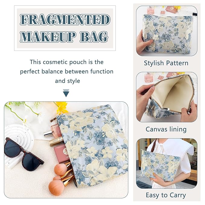 ZLFSRQ Flower Makeup Bag for Women Girls Travel Cute Floral Cosmetic Bags Large Cosmetic Pouch Purse with Zipper Portable Toiletry Bag Aesthetic Embossed Blue Beige Makeup Brushes Storage Organizer