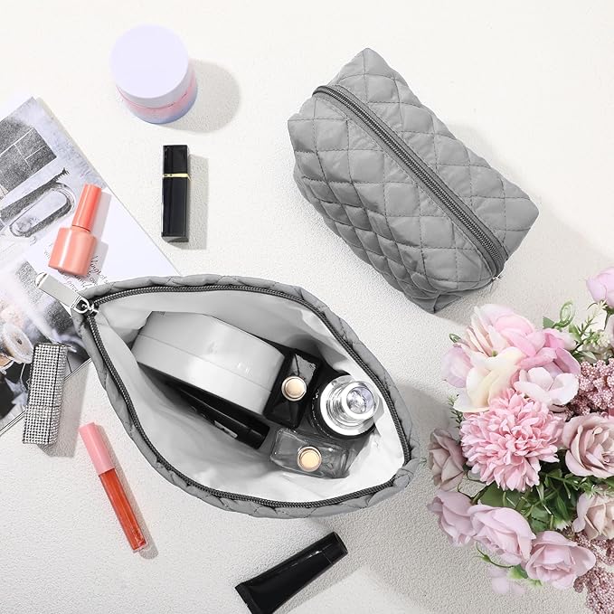 2 Pcs Pencil Case Quilted Makeup Bag Aesthetic Cosmetic Pouch for Women Puffer Travel Toiletry Bag Set Cotton Small Purse Pouch Makeup Organizer with Zipper(Gray)