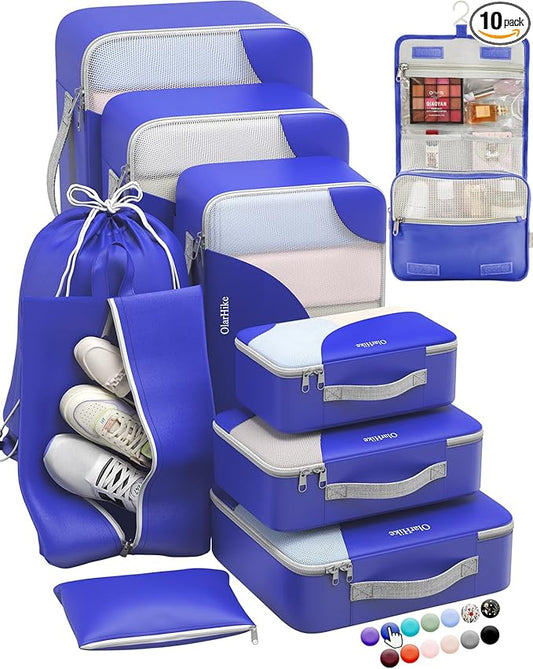 ALL INCLUDED 10 Set Durable Packing Cubes for Suitcases,OlarHike Essentials for Travel, UPGRADED Anti-Tear Stitching, NEW Improved Luggage Packing Organizers for Travel Accessories (Klein Blue)