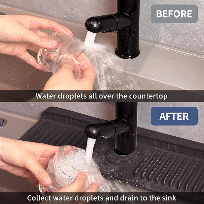 17.7" Silicone Sink Splash Guard - Multi-Functional Kitchen Sink Mat with Drip Tray, Sponge Holder & Soap Dish, 6° Slope Design for Easy Drainage, Foldable & Fasten Button for Secure Fit（Black）