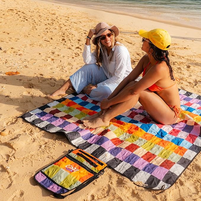 Cozy Club Waterproof Picnic Blanket Foldable Outdoor Mat with Pocket, Stakes & Shoulder Strap | Sandproof, Durable & Portable for Beach, Camping, Sporting Events & Travel | US Brand