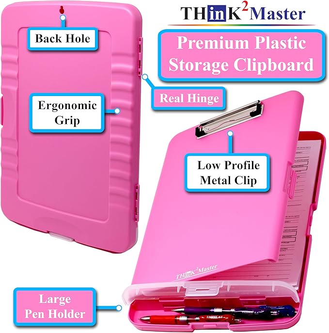 Think2Master Pink Plastic Storage Clipboard with Pencil Holder. | 25% Heavier & 25% Sturdier| Heavy Duty. Must Have for Nurses, Teachers & Classrooms.