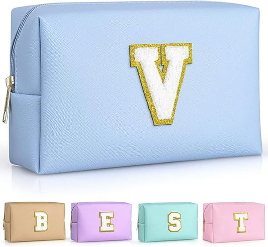 TOPEAST Initial Makeup Bags for Women, Personalized Portable Cosmetic Bag for Travel, Cute Makeup Pouch, PU Leather Waterproof Toiletry Bag, Preppy Things for Girl (Sky Blue V)