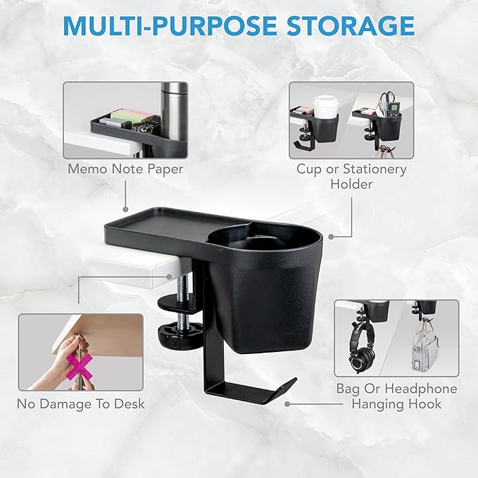EHO Clamp-On Desk Pen and Cup Holder, 3-in-1 Stationery Organizer with Pencil and Accessory Storage, Reversible Hanging Hook, Space-Saving Desk Clamp Organizer, TAA-Compliant
