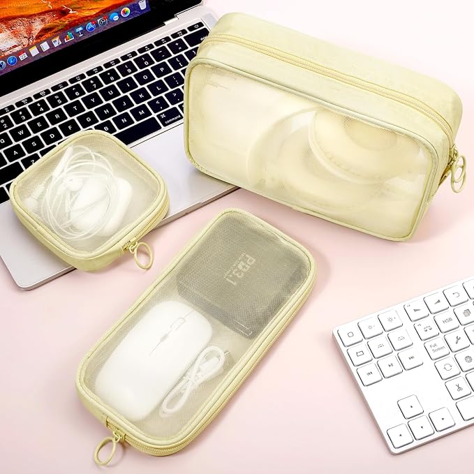 5 Pieces Mini Zipper Nylon Mesh Pouch, Mesh Cosmetic Bags Makeup Bags, Multipurpose Travel Toiletry Bags for Office Supplies and Travel Accessories (Beige, Assorted Sizes)