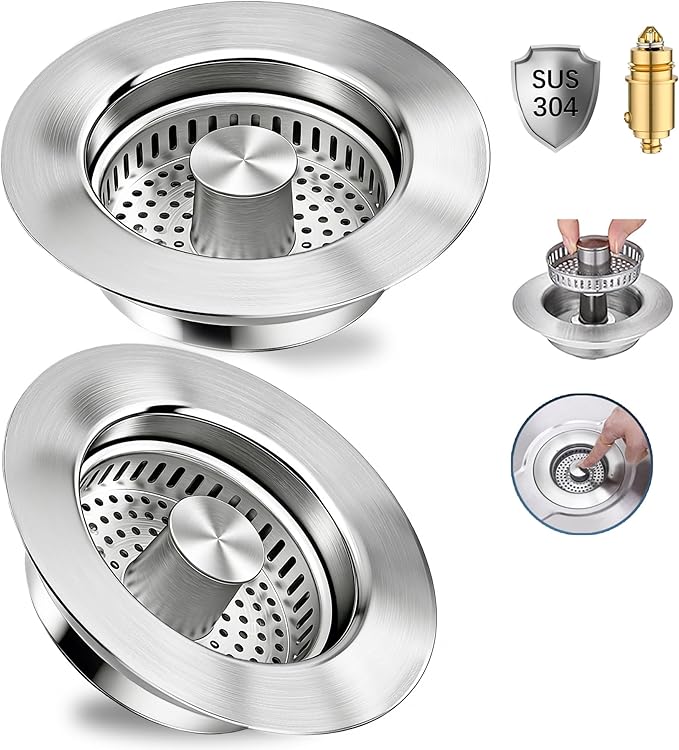 3-in-1 Kitchen Sink Drain Strainer, Pop-up Sink Stopper Kitchen Drain, Anti-Clogging Strainer Basket Odor Prevention Plug Stopper for US Standard 3-1/2” Drain (Silver-2pcs)