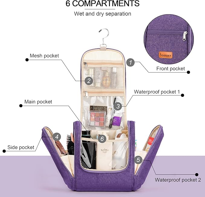 Travel Hanging Toiletry Bag for Women and Men, 6 Organizer Compartments, Holds Full Size Bottles, Extra Large Cosmetic Accessories, Makeup Essentials, Bathroom Water-Resistant Toiletry Bag, Purple