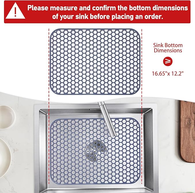 Silicone Sink Protector for Kitchen Sink - 16.65''x12.2'' Kitchen Grid Accessory, Non-slip Heat Resistant Grid Dry Mat for Bottom of Porcelain Stainless Steel, Dishwasher Safe