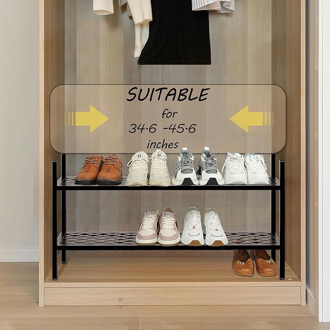 Shoe Rack, Expandable Shoes Organizer Metal Shelf Stand, 2-Tier Stackable Long Shoe Storage Holder for Closet, Floor, Entryway, Garage, Bedroom, Door Entrance for 12-18 Pairs, 45.6 Inches, Black