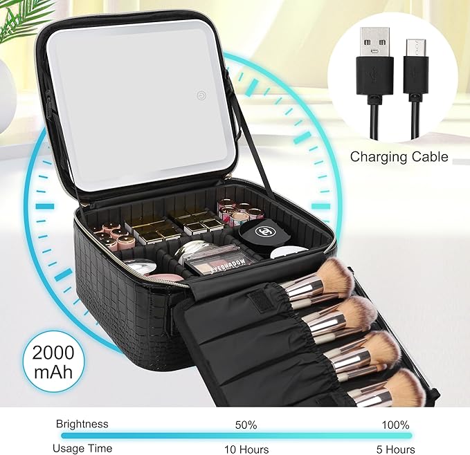 Relavel Makeup Train Case With LED Mirror, Professional Travel Cosmetic Bag with Removable Partitions, Compact Makeup Organizer, Waterproof Toiletry Case for Women, Black