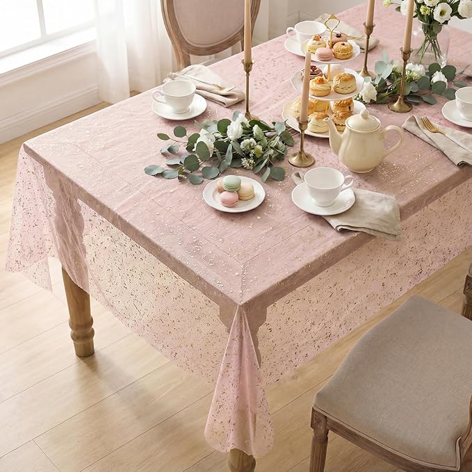 Horaldaily Pink Gold Gauze Tablecloth 60x84 Inch Rectangular, Golden Sequin Glitter Metallic Foil, Sheer Tulle Cheesecloth for Wedding Baby Shower Ceremony Birthday
