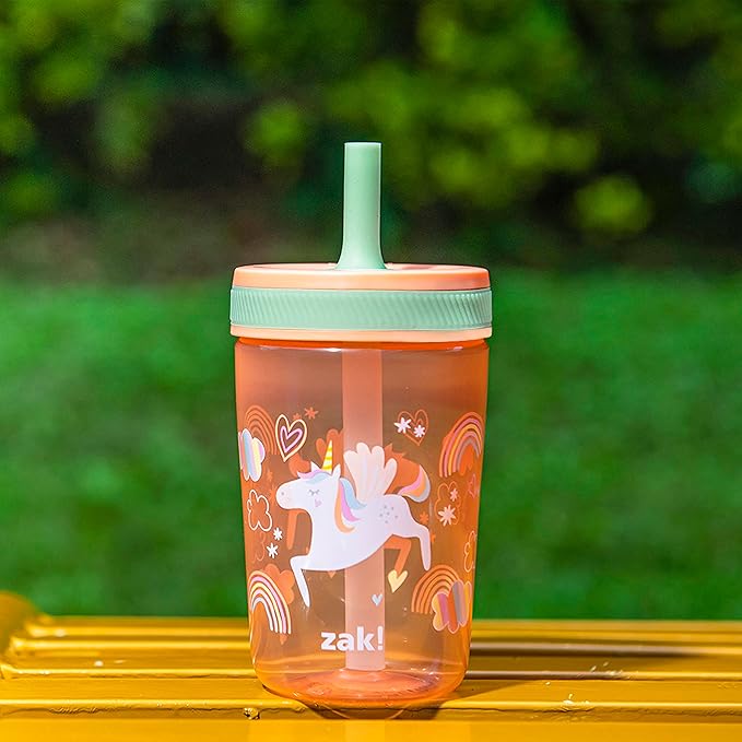 Zak Designs Kelso Tumbler Set 15 oz, (Unicorn) Leak-Proof Screw-On Lid with Straw Made of Durable Plastic and Silicone, Perfect Cup Bundle for Kids (2pc Set)
