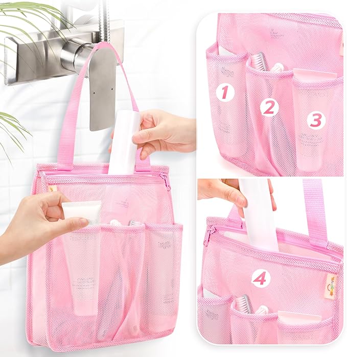 Mesh Shower Caddy Portable, Gym Travel Camp Dorm Room Essentials for Women and College Girls, Pink Bathroom Shower Bag