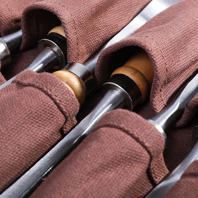 Tool Roll Up Bag with 10 Staggered Tool Pockets, Portable Carry Small Wrench Roll Up Pouch (Brown)