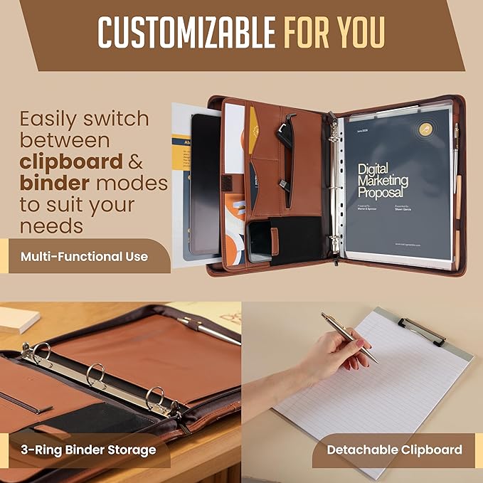 STYLIO Zipper Portfolio | Padfolio 3 Ring Binder (1") and Clipboard Folio (Removable) | Portfolio Organizer for Documents, Tablet, Phone |Faux Leather Binder for Men and Women | Tan (Brown) Color