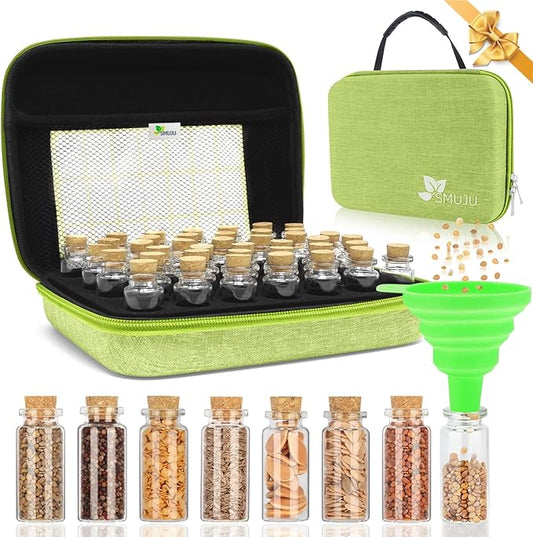 【40 Slots】 Seed Storage Organizer, Sturdy Organizer Box with Dual Zipper Bag and 42Pcs Label Stickers, Glass Seed Storage Container for Flower Vegetable Plants Garden Seeds Saving, Green
