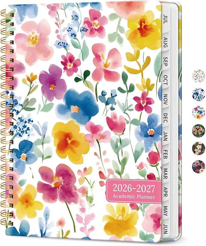 Planner 2026-2027, Academic Year Monthly and Weekly Calendar Planner, Jul 2026 - Jun 2027, Hardcover Teacher Student Planning Agenda book with Tabs, Perfect for School Office Supplies, 8.5" x 11" - Bloom Floral