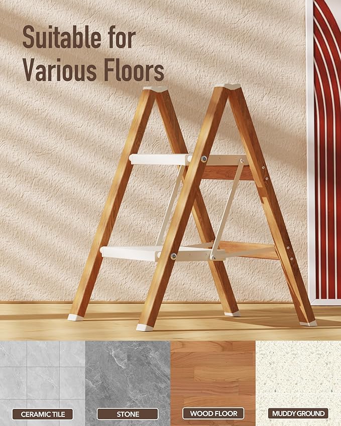 2-Step Aluminum Ladder,Lightweight Folding Step Stool with Extra-Wide Anti-Slip Steps,330 lbs Capacity,Compact Space-Saving Design for Home,Kitchen and Office（White&Woodgrain）