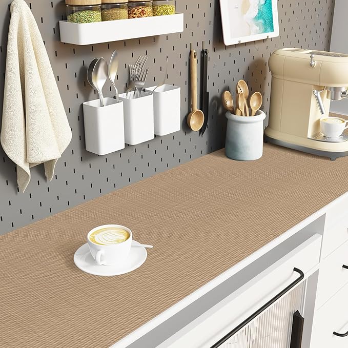Drawer Liner, Shelf Liners for Kitchen Cabinet Waterproof & Oil-Proof Cupboard Liner Non-Slip Drawer Mat PVC Material Non Adhesive Kitchen Liner for Countertop Beige 23.6 x 393.7 Inches