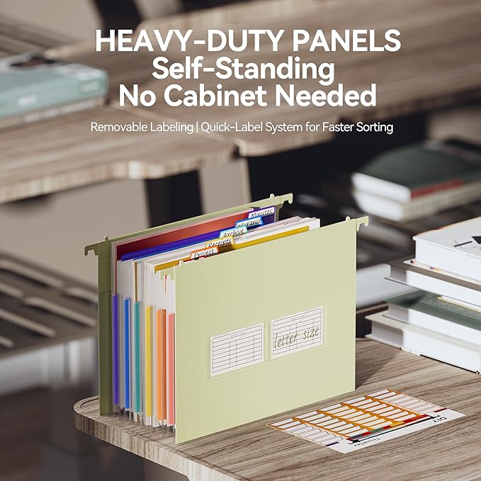 ThinkTex Plastic Expanding Hanging File Folders, 7 Innovative 1.2" Accordion Pockets, Large Capacity, Multi-Color Tabs, Letter Size for Filing Cabinet - Yellow