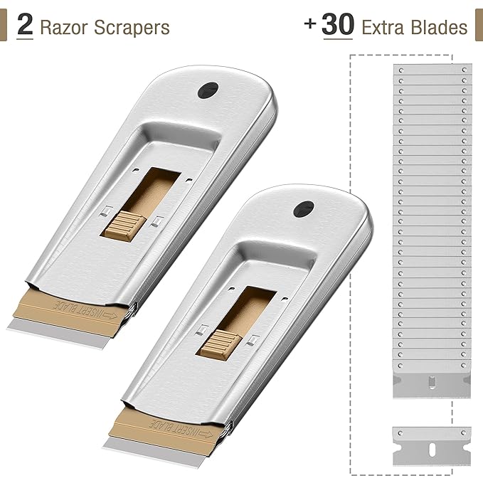 Bates- Metal Razor Blade Scraper, 2 Pack, 30 Extra Blades, Scraper for Cleaning, Glass Scraper, Razor Blade Scraper Tool, Razor Scraper Tool, Scraper Blades, Window Scraper with Razor Blade