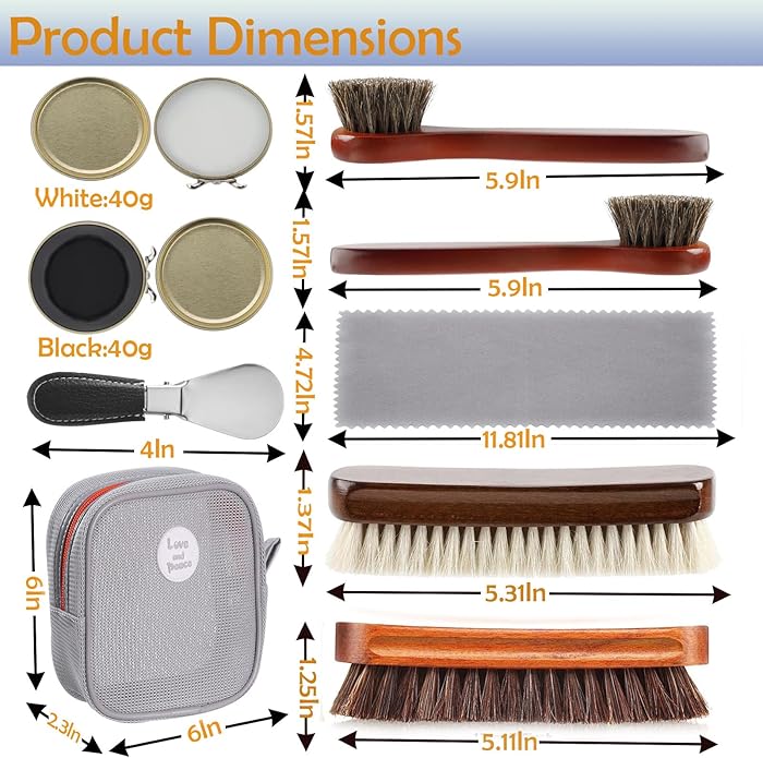 Shoe Shine Kit for both home and outdoor use ,10Pcs shoe polish kit ,4 Horsehair Shoe Brush, Black Shoe Polish and White Shoes Polish,ShoeHorn,2Polishing Cloth,Shoe Care Kit for Men and women.