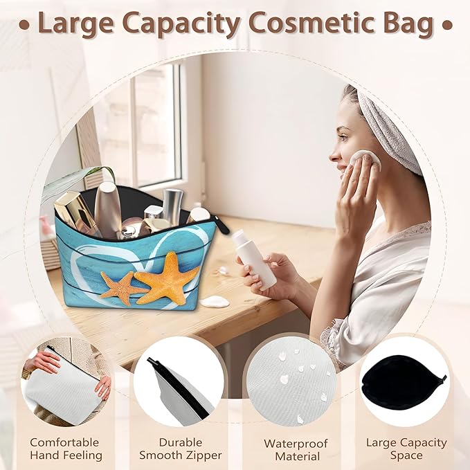 Beach Starfish Cosmetic Bag Coastal Blue Wooden Makeup Bags,Travel Make up Bags for Women Girls Cute Zipper Pouch Toiletry Organizer Bag Travel Essentials