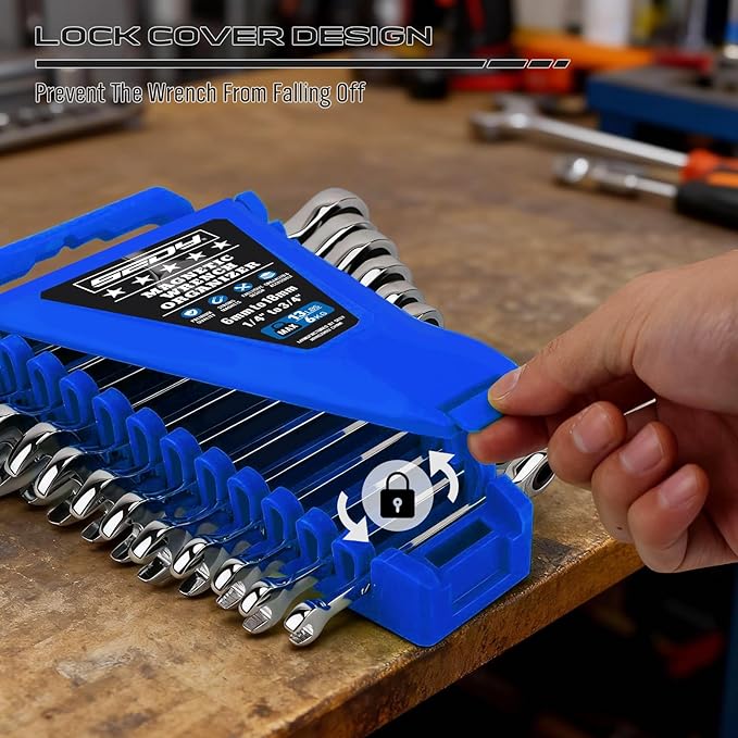 2-Piece Magnetic Wrench Organizer, 24-Slot Wrenches Holder Set with Lock Cover Metric 6–18mm & SAE 1/4-3/4", Wrench Rack Tool Trays with Carrying Handle for Wall Mount Toolbox Drawer Storage