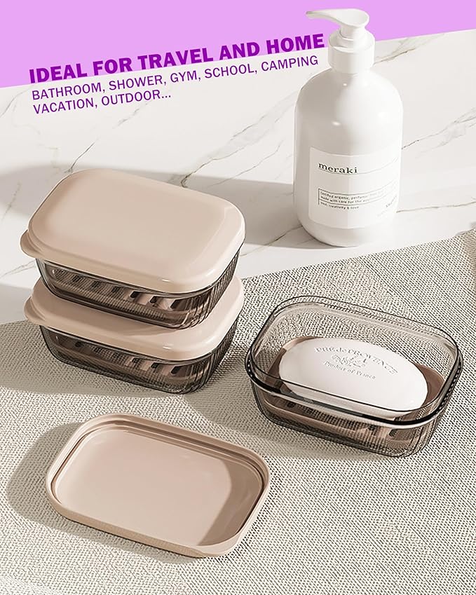 Travel Essentials Soap Holder with Lid,Leakproof Soap Dish with Drainage Layer, Portable Travel Soap Bar Case for Camping, Gym, Bathroom,Kitchen,Dormitory,Hotel(Clear)