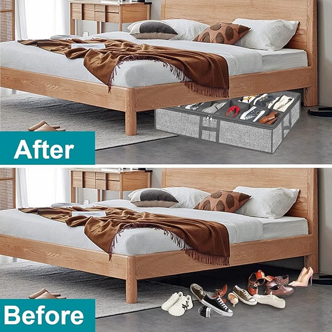 Under Bed Shoe Storage Organizer for Closet 2 Pack - Fits 24 Pairs Underbed Shoes Rack Container Boxes with H Shape Sturdy Handles and Clear Window, Foldable Shoe Rack Holder, Grey