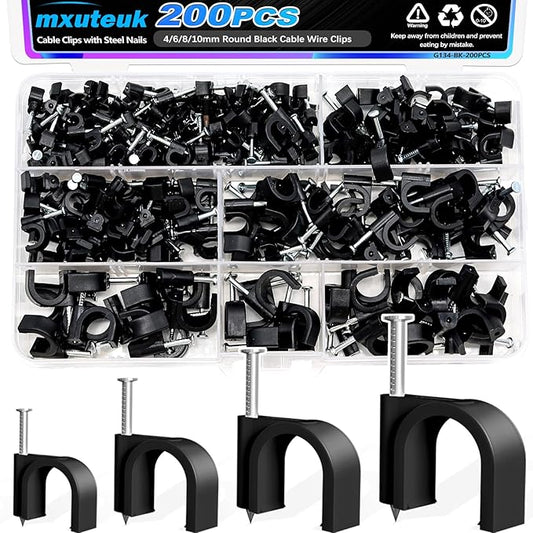 mxuteuk 200PCS Cable Clips with Steel Nails,4/6/8/10mm Round Black Cable Wire Clips,Wall Clips for Cords,Cable Cord Clips for RG6 RG59 CAT6 RJ45