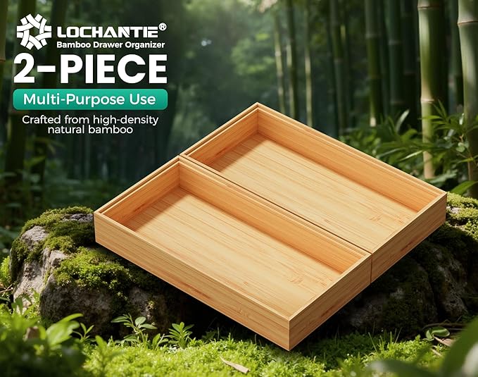 Bamboo Kitchen Drawer Organizer Boxes – Stackable Wood Silverware Utensil Tray for Drawers Bins, Cutlery & Flatware Storage – Wooden Organizers Set of 2, 12" x 6" x 2" for Junk Drawer, Bathroom, RV